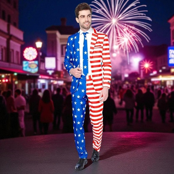 Suitmeister Other - 3 Piece United States America Flag Red White Blue Suit Costume Mens L 42-44
